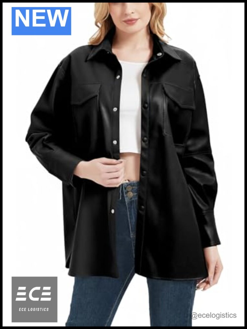 Faux Leather Shacket Button Down Relaxed Fit Women's
